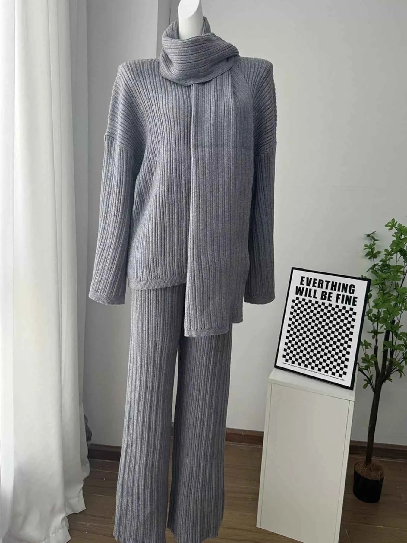 3-Piece Crew Neck Ribbed Sweater and Wide-Leg Pants Set with Scarf