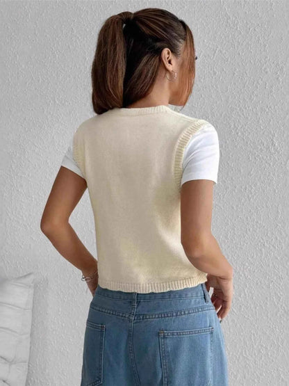 Embroidered Button Up Sweater Vest