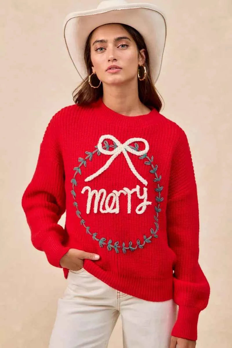 BiBi Christmas Wreath Merry Letter Knit Top