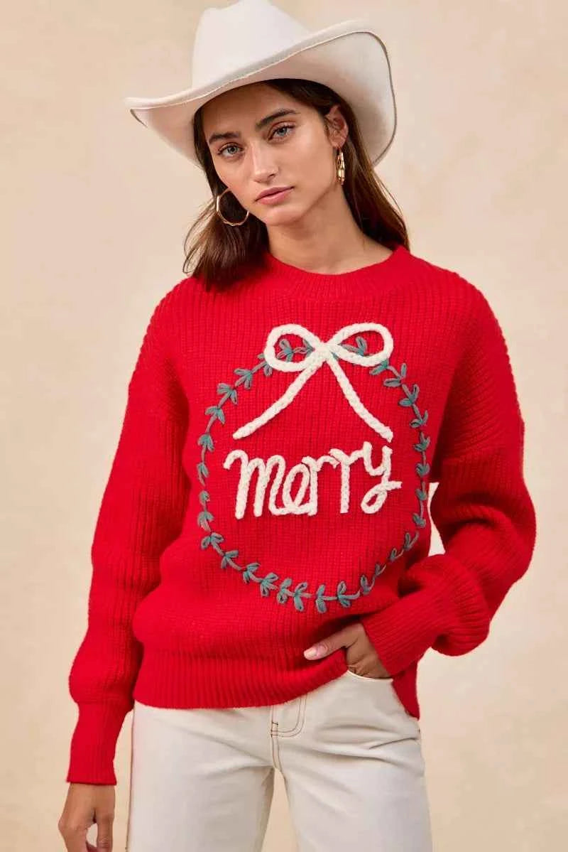 BiBi Christmas Wreath Merry Letter Knit Top