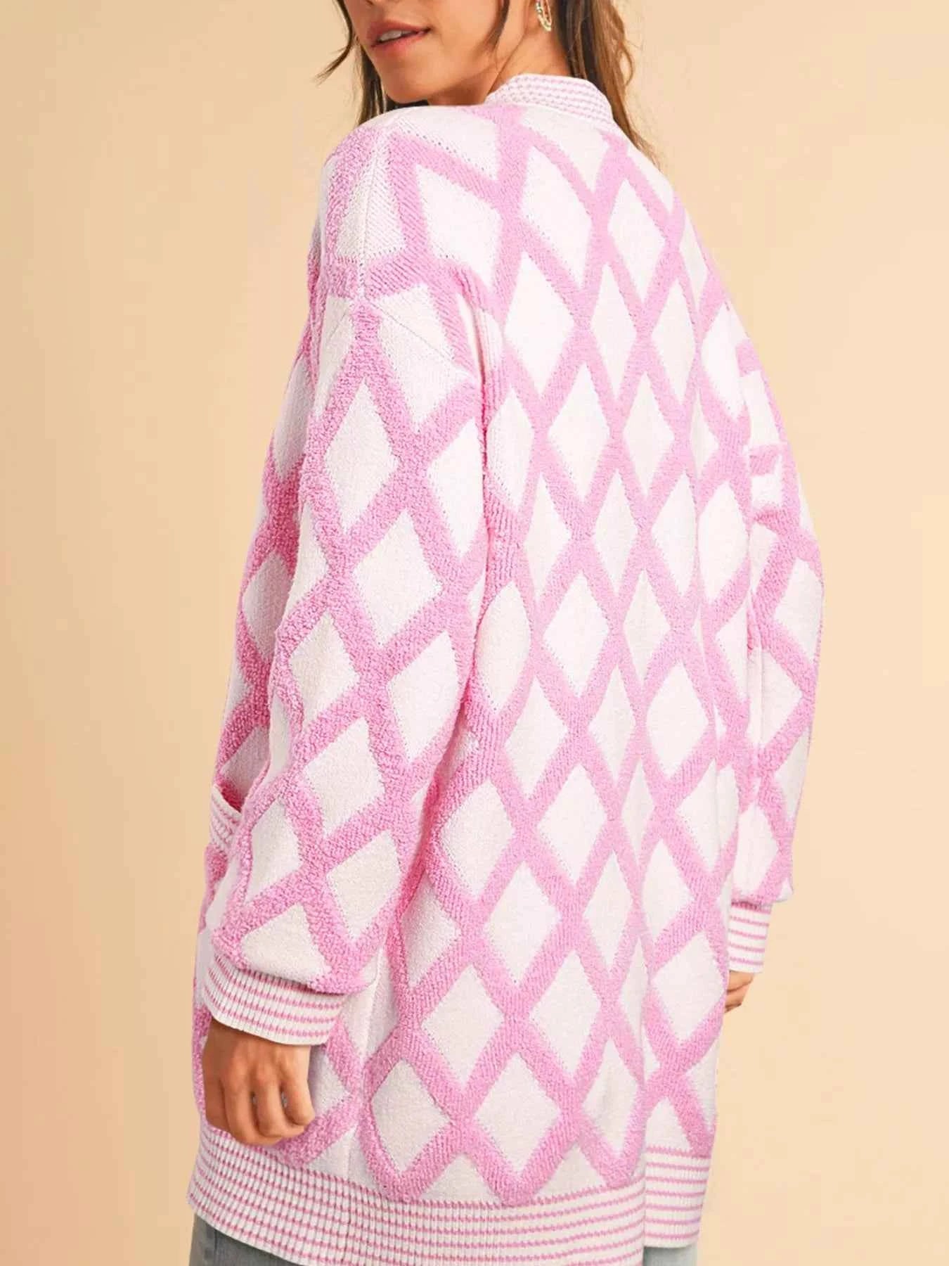 Rhombus Pattern Knit Open Front Pocketed Cardigans