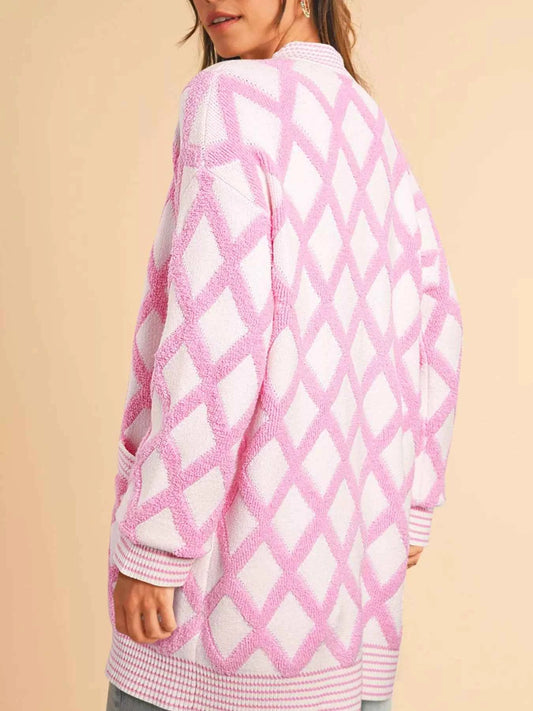 Rhombus Pattern Knit Open Front Pocketed Cardigans