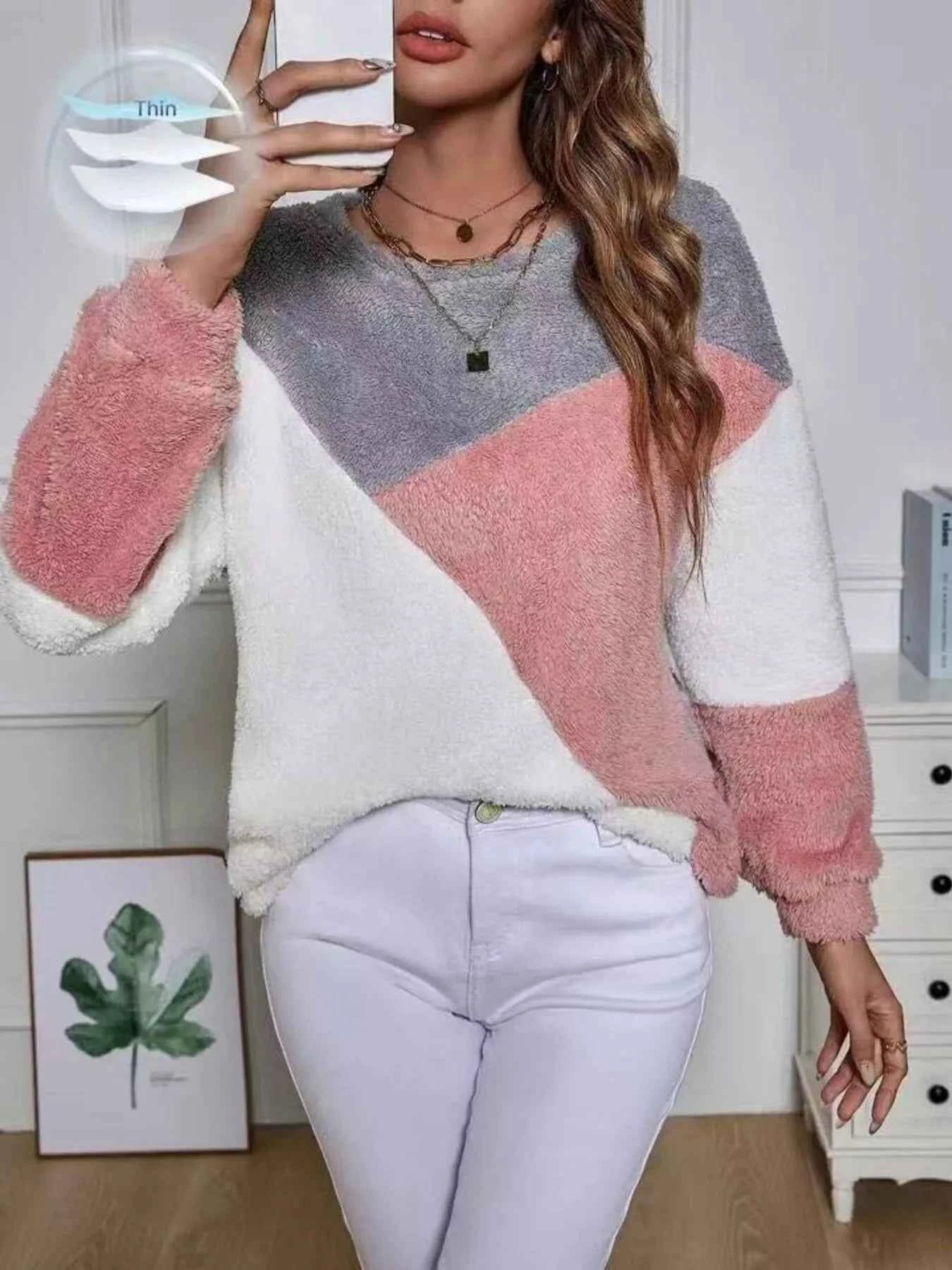 Color Block Fuzzy Knit Sweatshirt