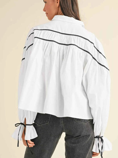 Elegant Contrast Bow-Tie Ruffle Blouse