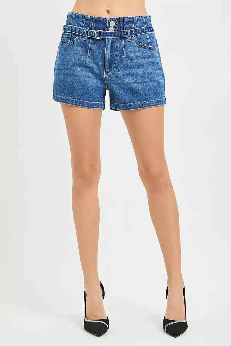 RISEN Double Button Slouchy Denim Shorts with Belt