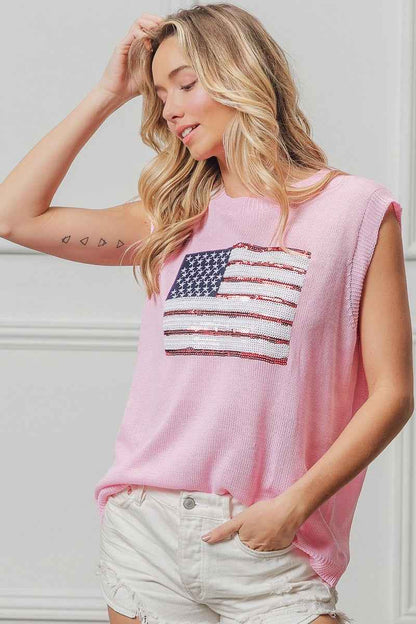 BiBi American Flag Sequins Patch Knit Top