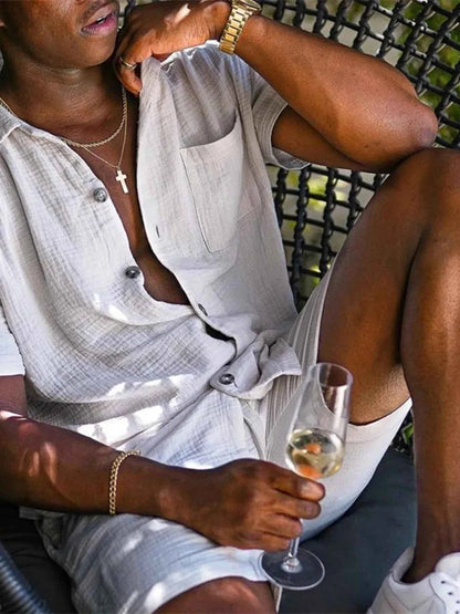 Men's Full Size Button Up Short Sleeve Shirt and Shorts Plus Size