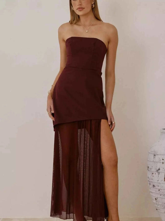 High Slit Mesh Tube Maxi Dress