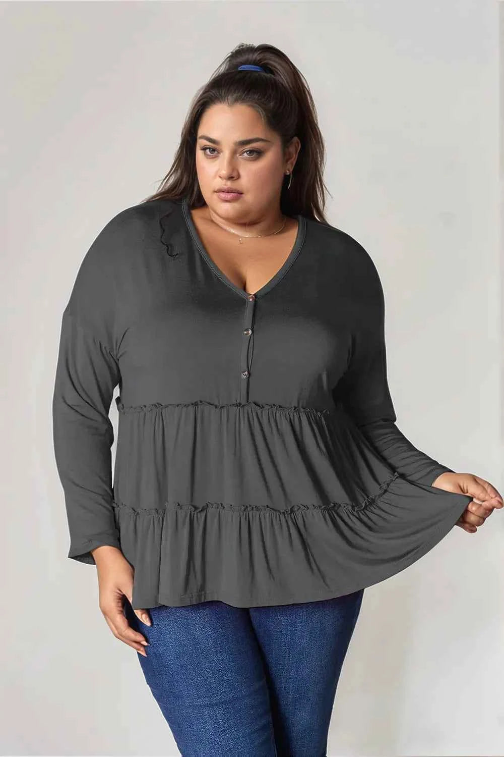 Double Take Half Button Long Sleeve Ruffle Hem Blouse