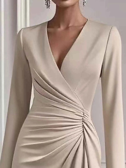 Front Ruched V-Neck Long Sleeve Dress