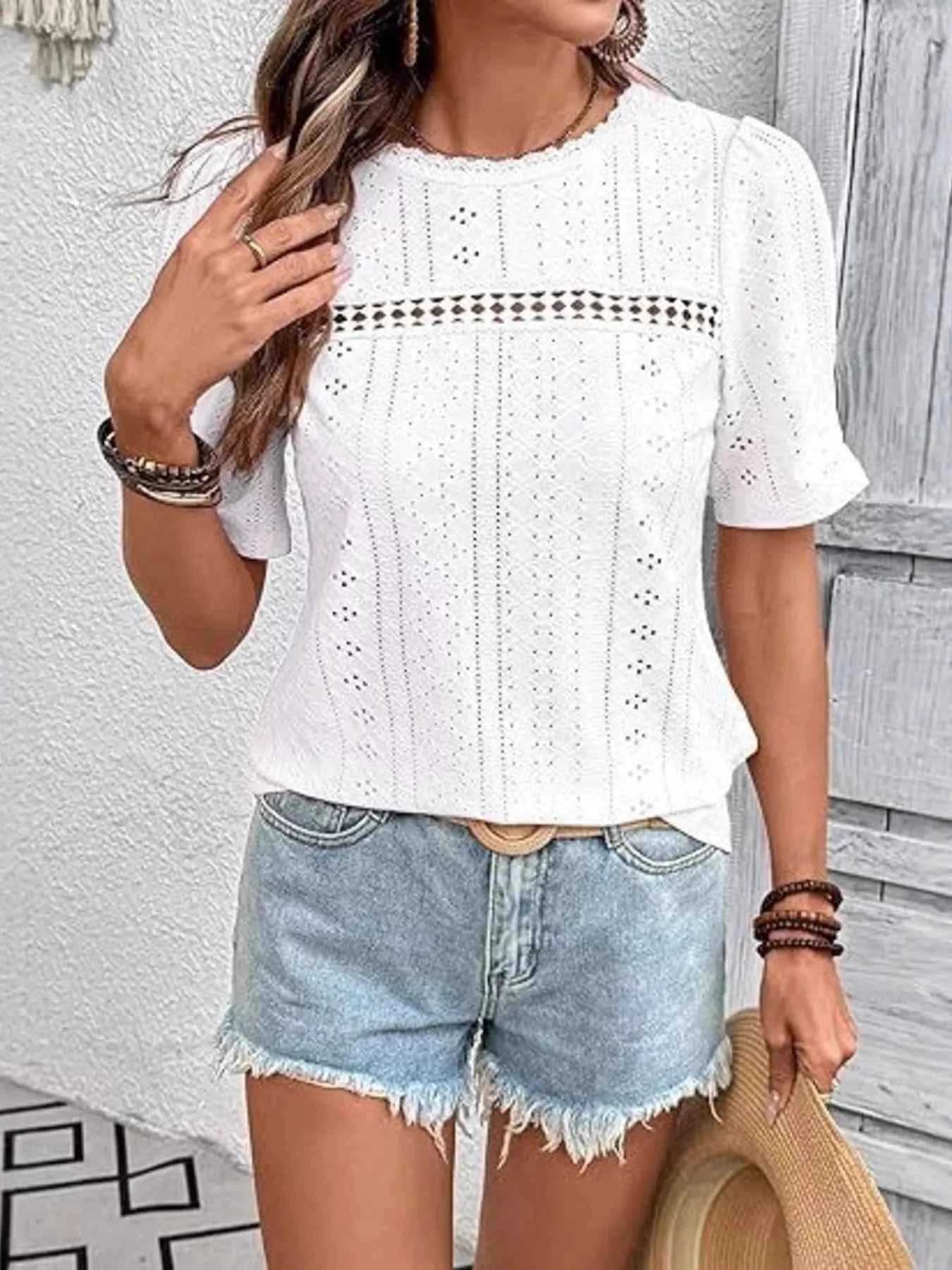 Eyelet Lace Detail Short Sleeve Blouse