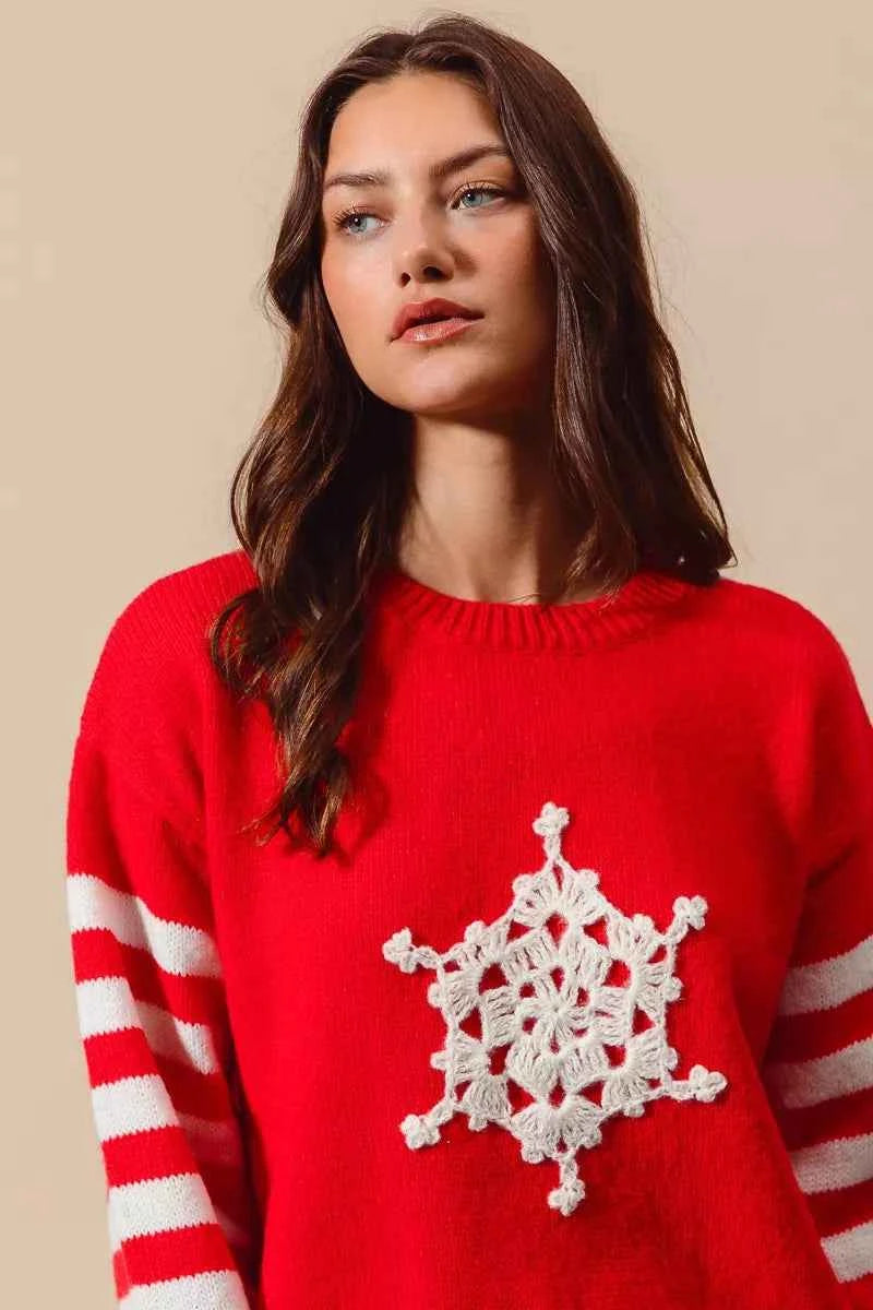 SO ME Christmas Snowflake Crochet Embellished Sweater
