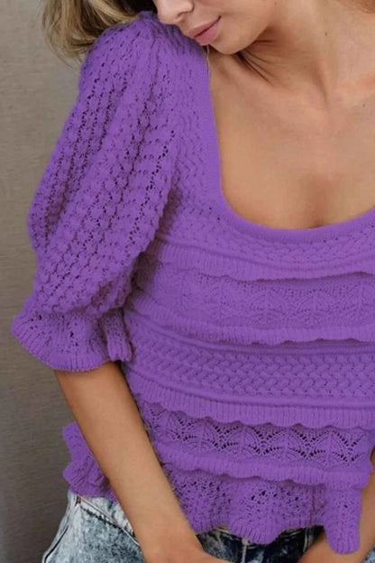 BiBi Square Neckline with Puff Sleeve Crochet Top