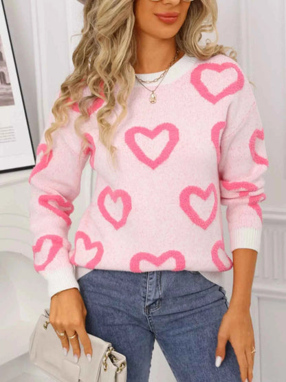 Valentine's Day Heart Pattern Round Neck Sweater