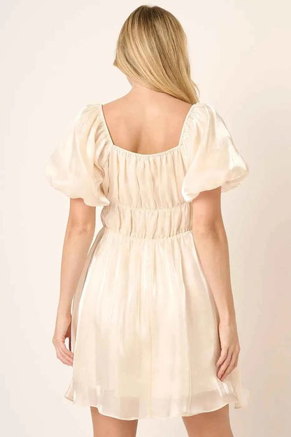 Mittoshop Metallic Organza Fabric Balloon Sleeve Mini Dress