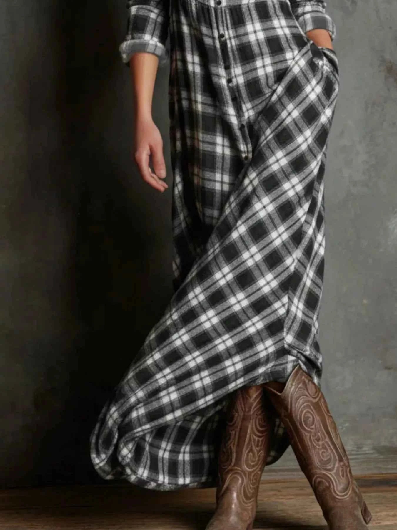 Full Size Plaid Button-Down Maxi Dress Plus Size