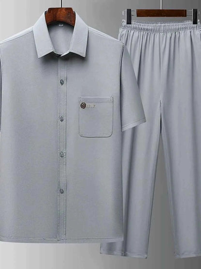 Men's Full Size Button Up Short Sleeve Top and Pants Set Plus Size