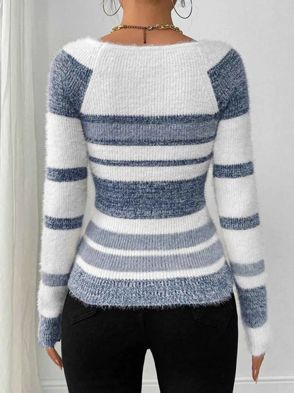 Striped Fuzzy Long Sleeve Sweater