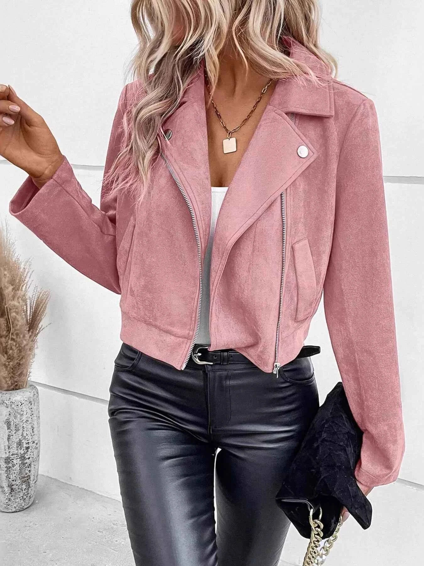 Suede Moto Jacket with Zip Detail