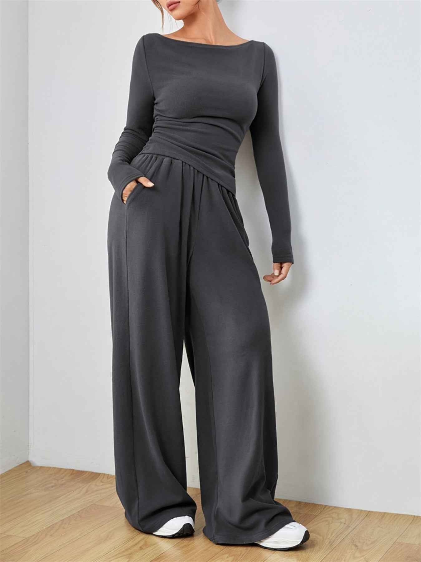 Casual Long Sleeve Top & Wide Leg Pants Set