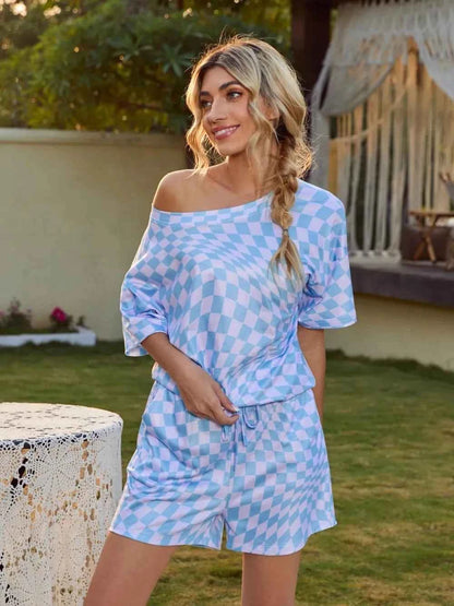 Plaid Round Neck Top and Shorts Lounge Set