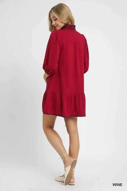 Umgee French Terry Ruffle Hem Dress with Plaid Trim