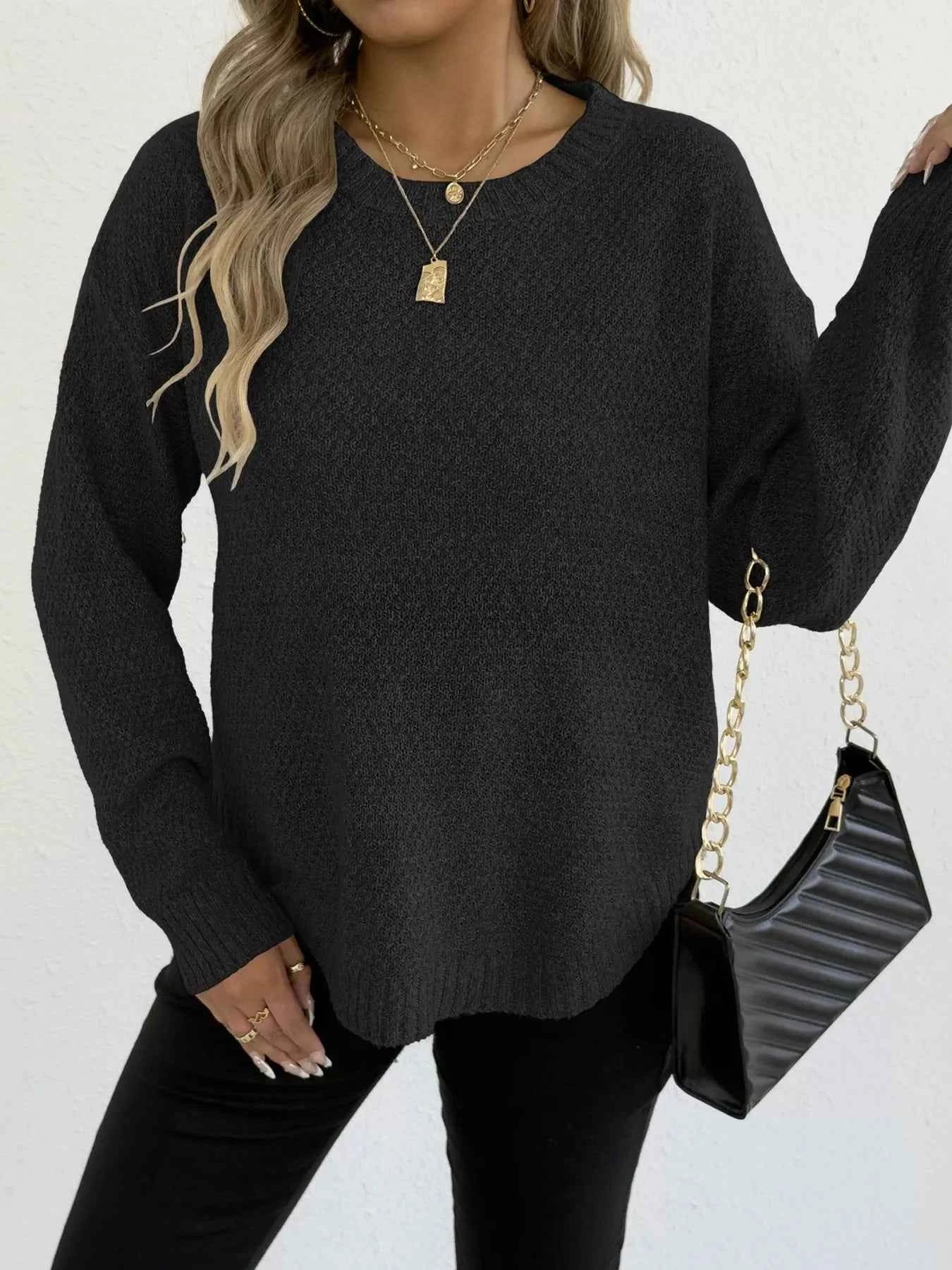 Textured Knit Relaxed Fit Round Neck Sweater