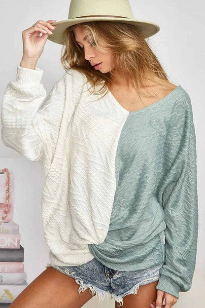 BiBi Twist Front Contrast Cable Knit Top