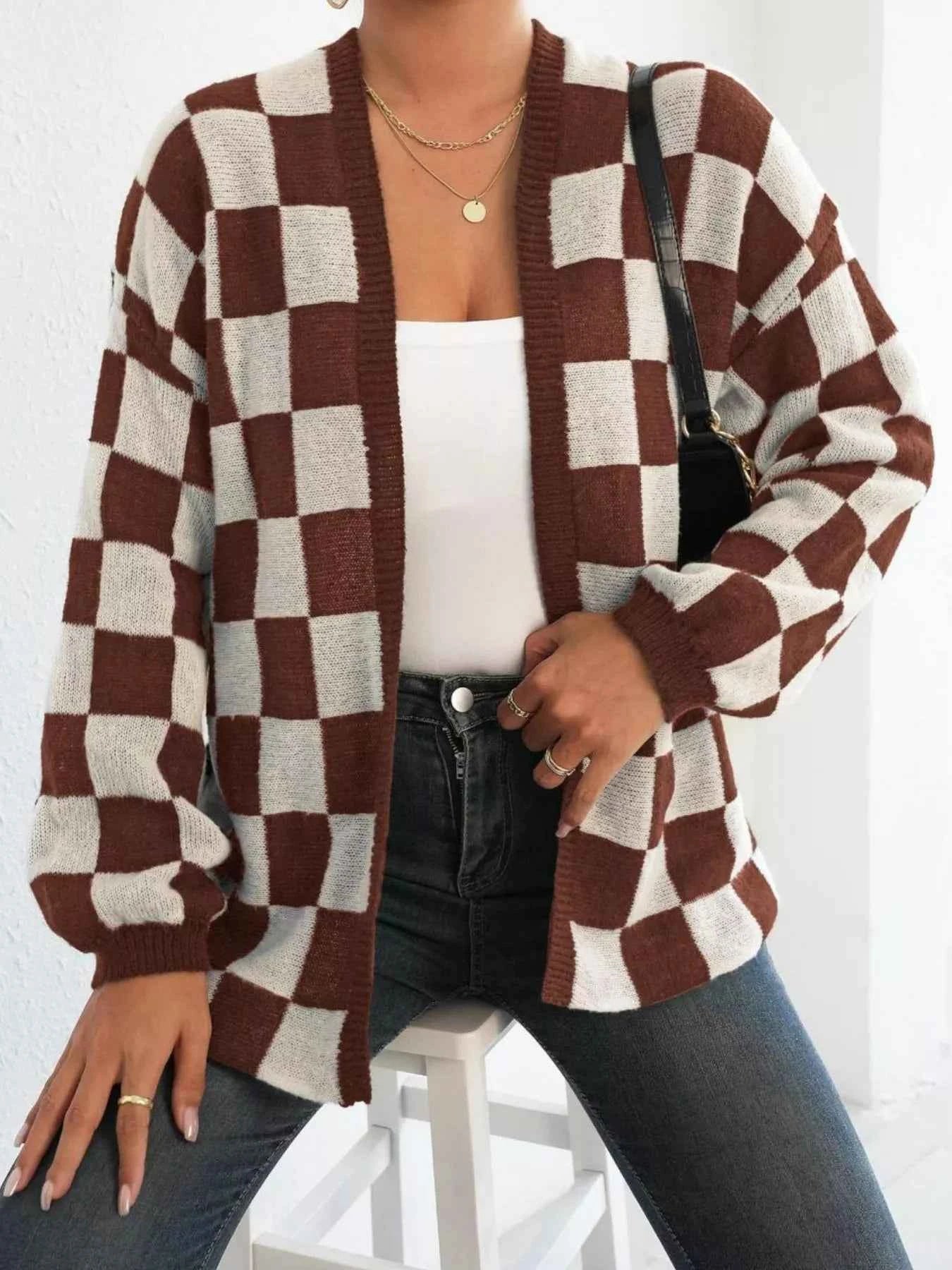 Checkerboard Pattern Open Front Knit Cardigan