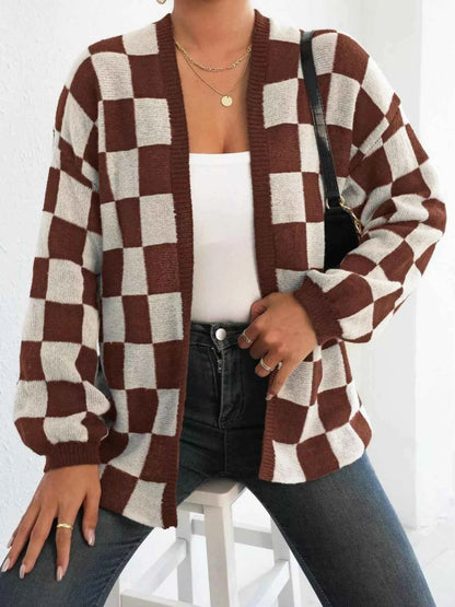 Checkerboard Pattern Open Front Knit Cardigan