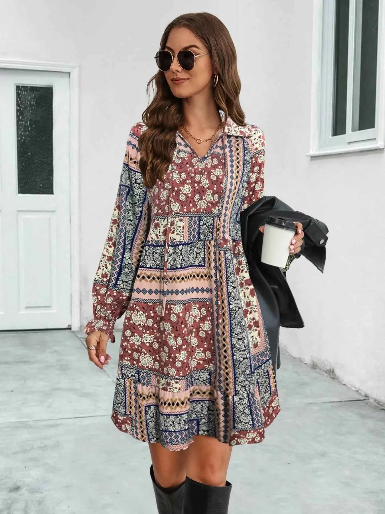 Boho Floral Print Long Sleeve Mini Dress