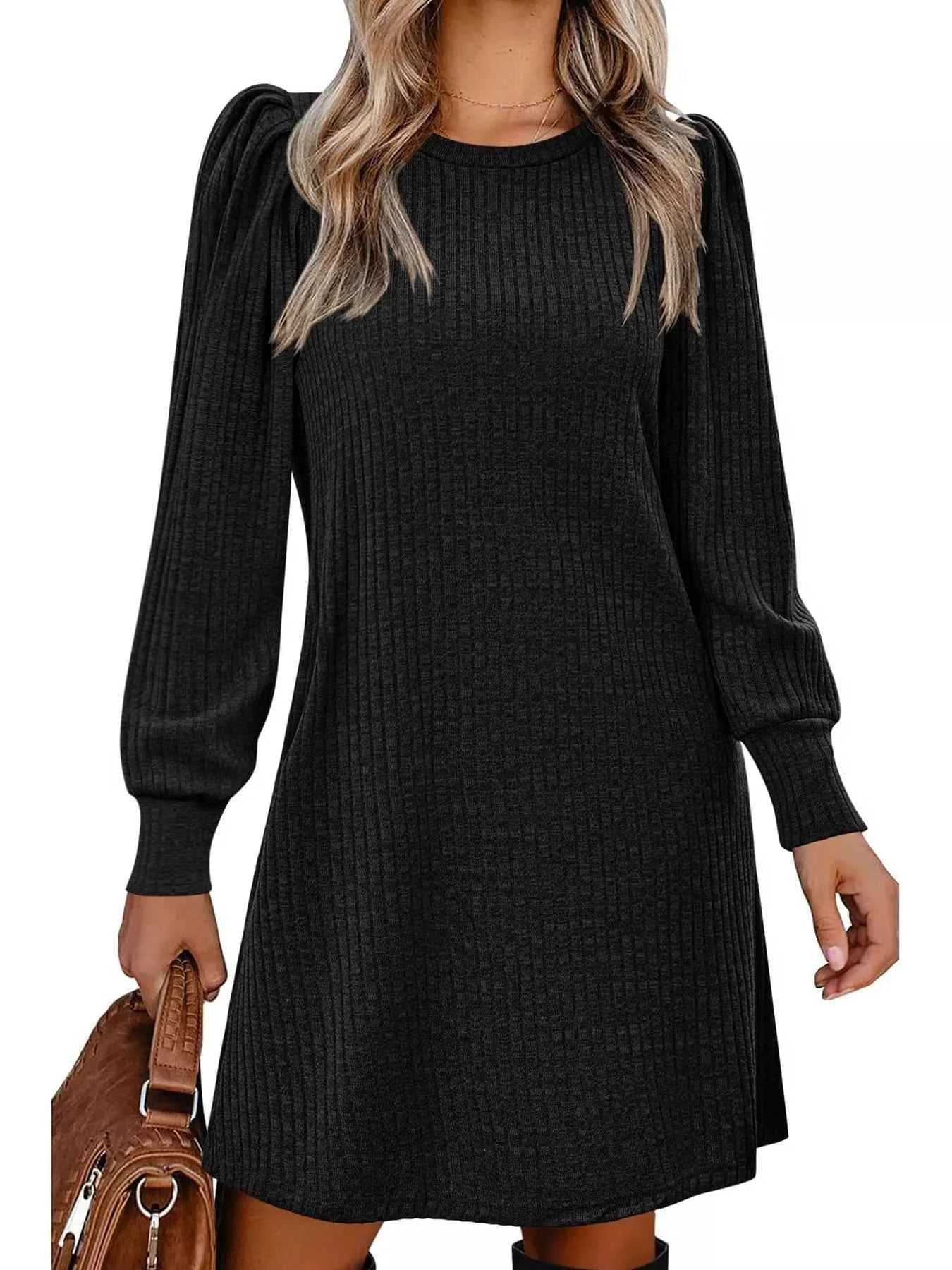 Ribbed Knit Puff Sleeve Casual Mini Dress