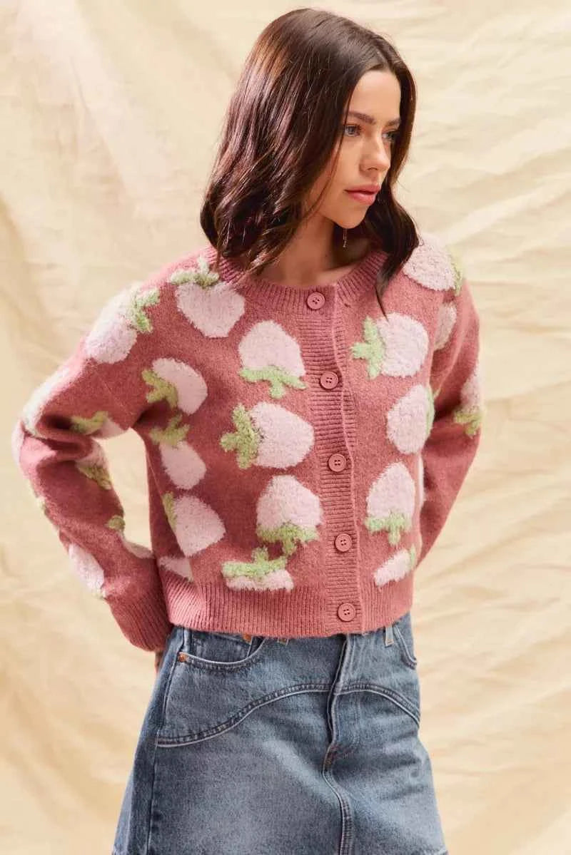 SO ME Strawberry Fruit All Over Button Sweater Cardigan