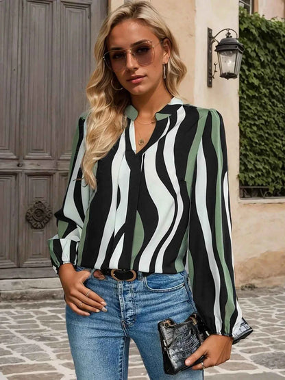 Striped Notched Long Sleeve Blouse