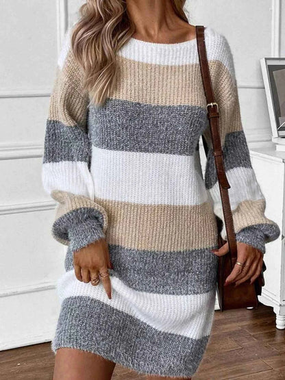 Color Block Long Sleeve Sweater Dress