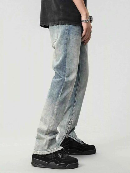 Men's Zip Detail Washed Straight Leg Jeans