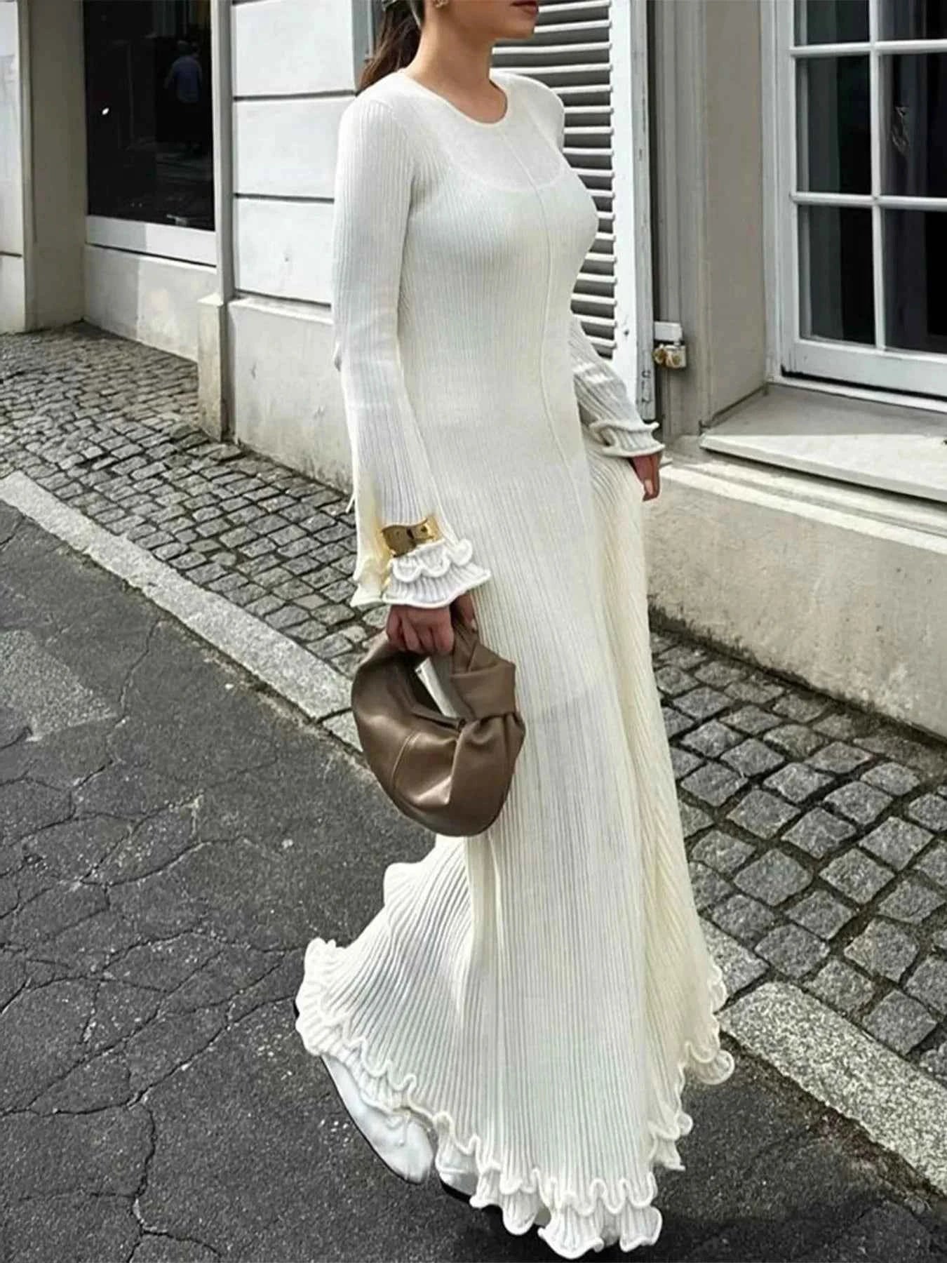 Ribbed Long Sleeve Dress with Ruffle Hem