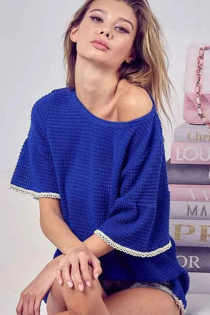 BiBi Popcorn Waffle Knit Top with Pompom Lace