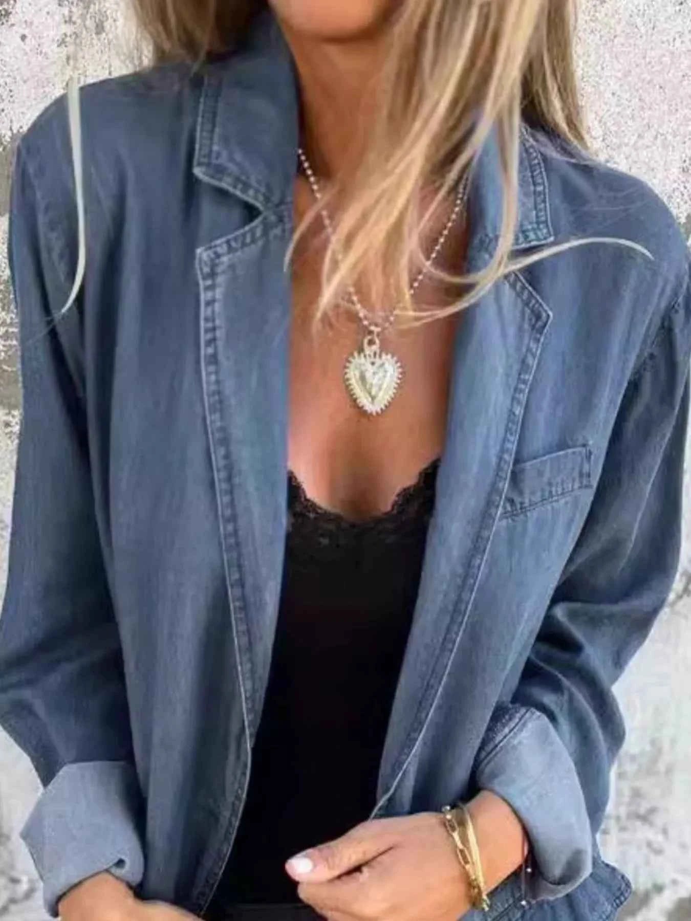 Full Size Button Down Denim Blazer Plus Size