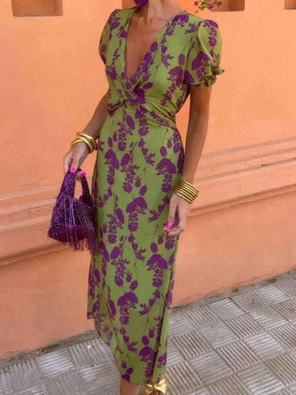 Printed Plunge Short Sleeve Midi Dress