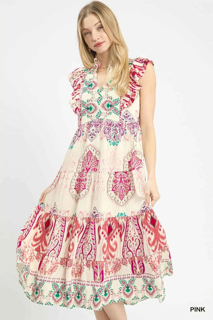 Umgee Boho Boarder Print Ruffle Midi Dress
