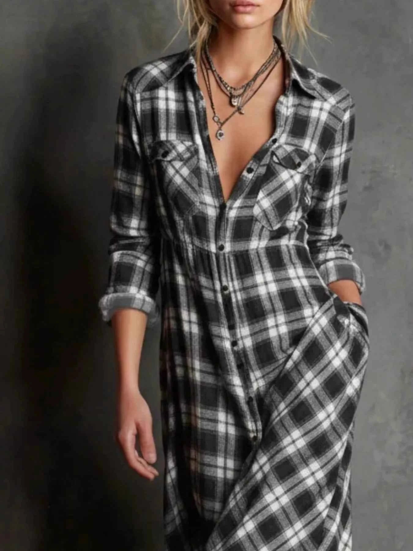 Full Size Plaid Button-Down Maxi Dress Plus Size