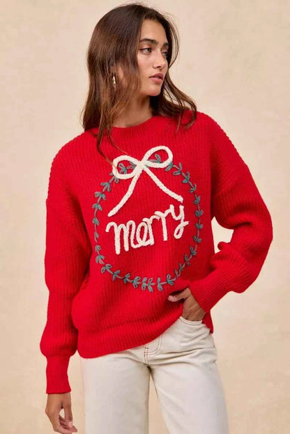 BiBi Christmas Wreath Merry Letter Knit Top
