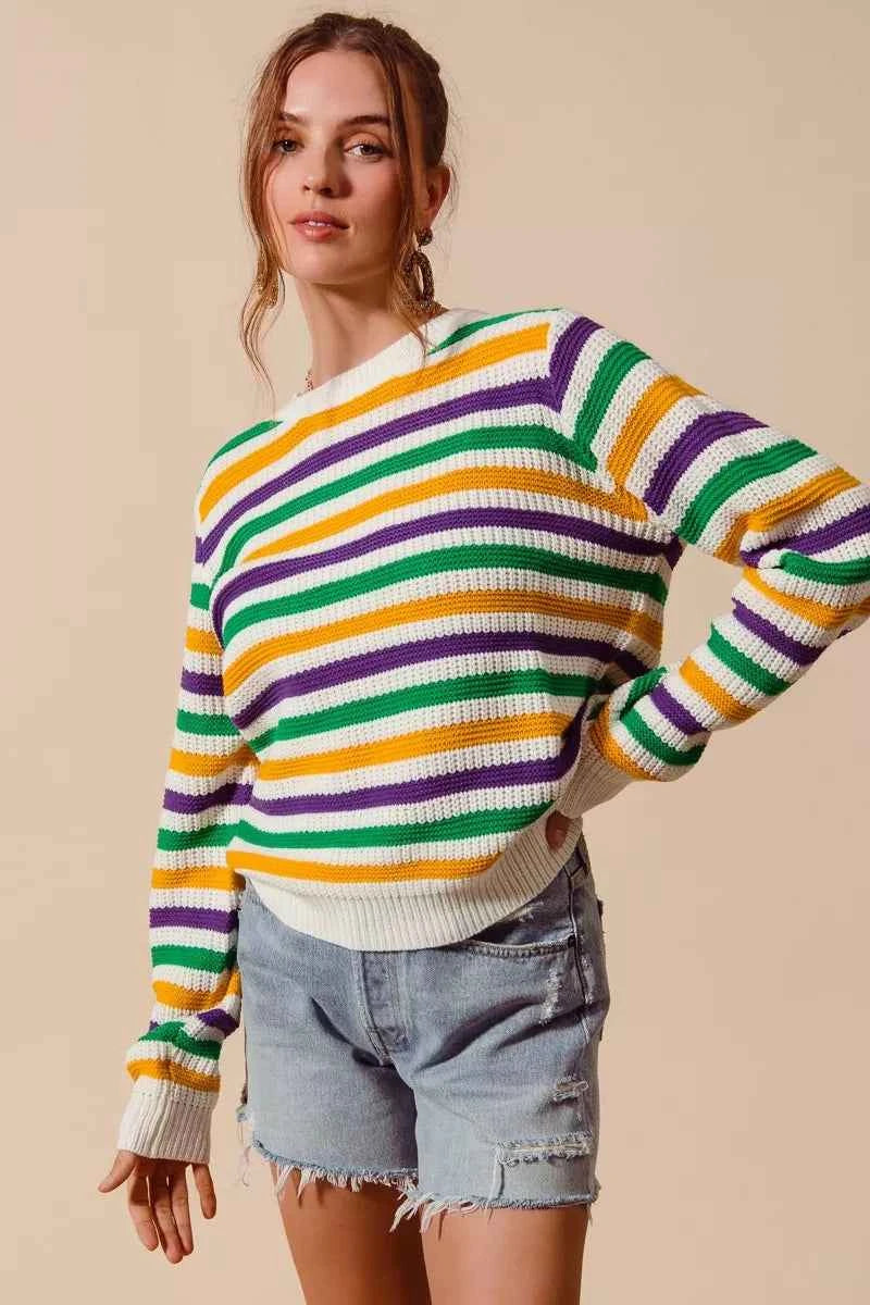 SO ME Mardi Gras Color Stripe Knit Sweater Top