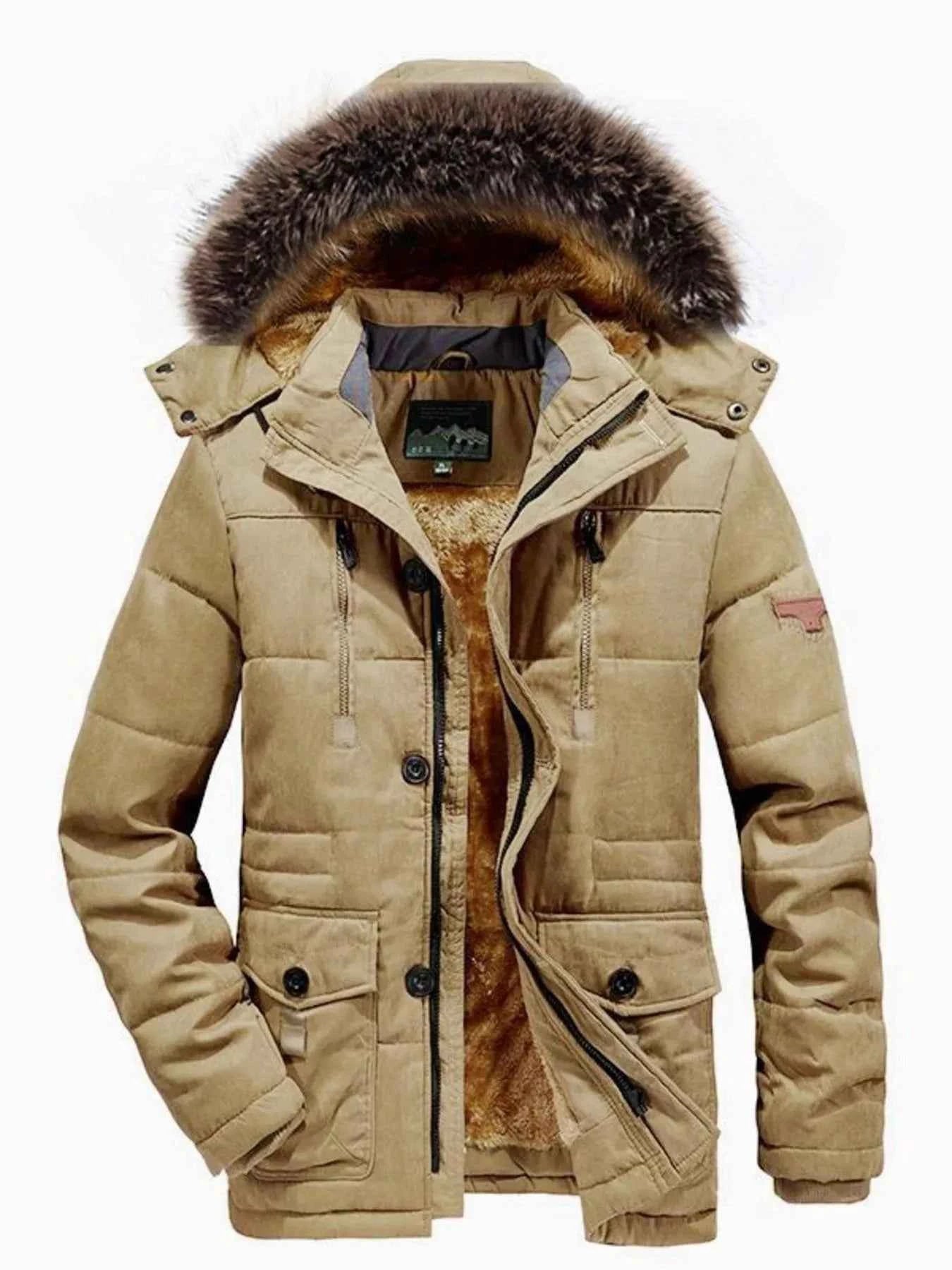 Men's Plus Size Zip Up Long Sleeve Puffer Coat with Faux Fur Hood