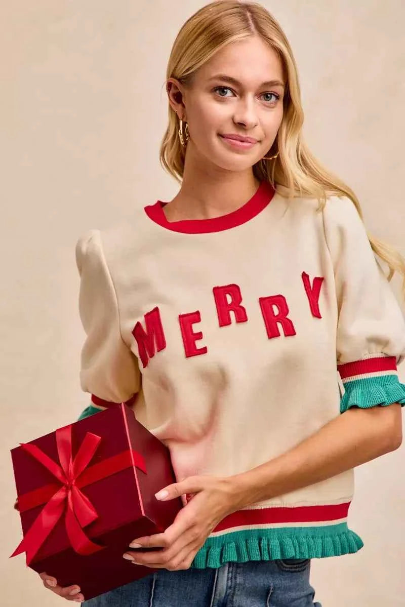BiBi Christmas Merry Letter Patches Contrast Banded Top