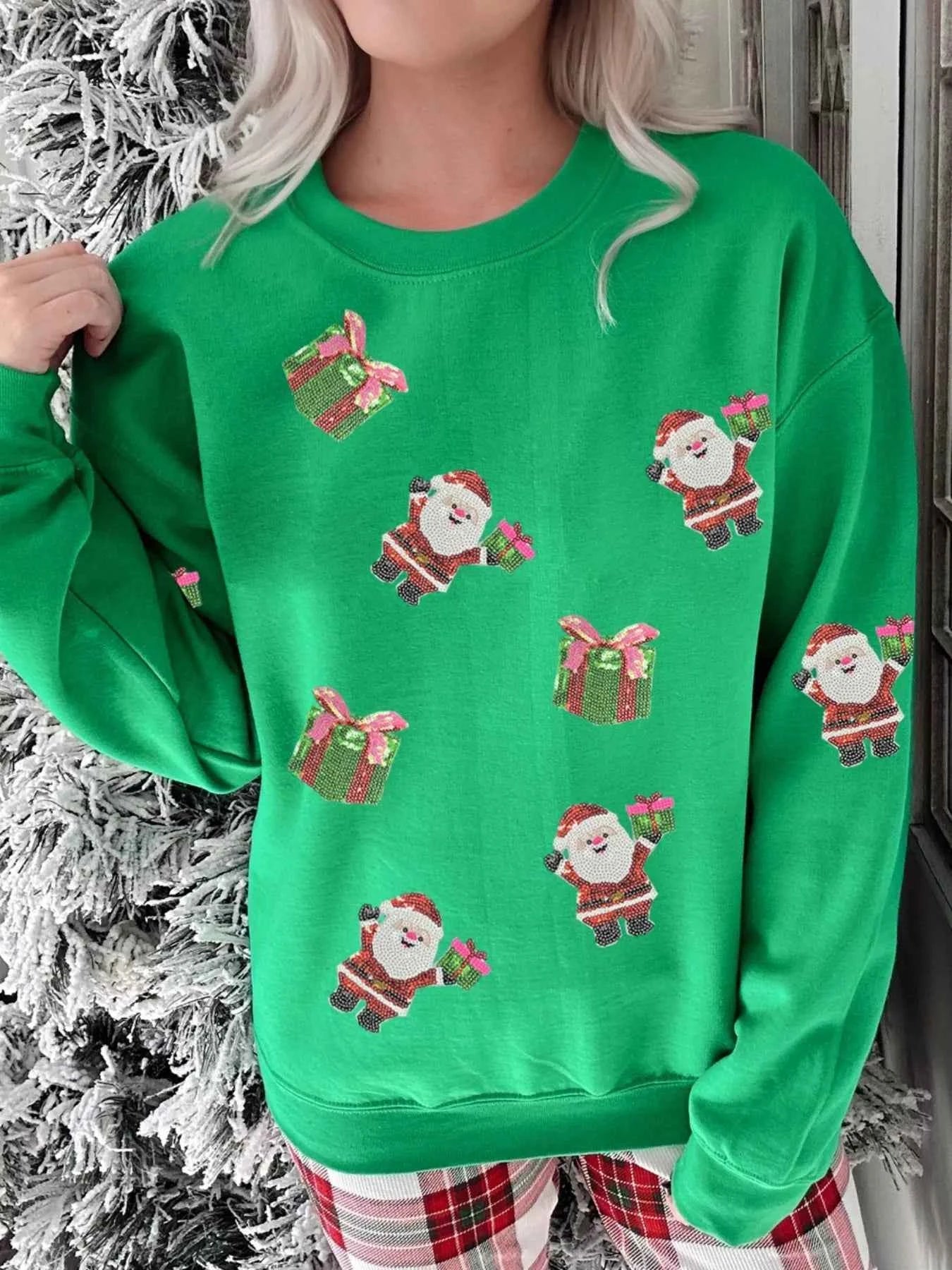 Santa Delivering Gifts Christmas Sequin Graphic Sweatshirt