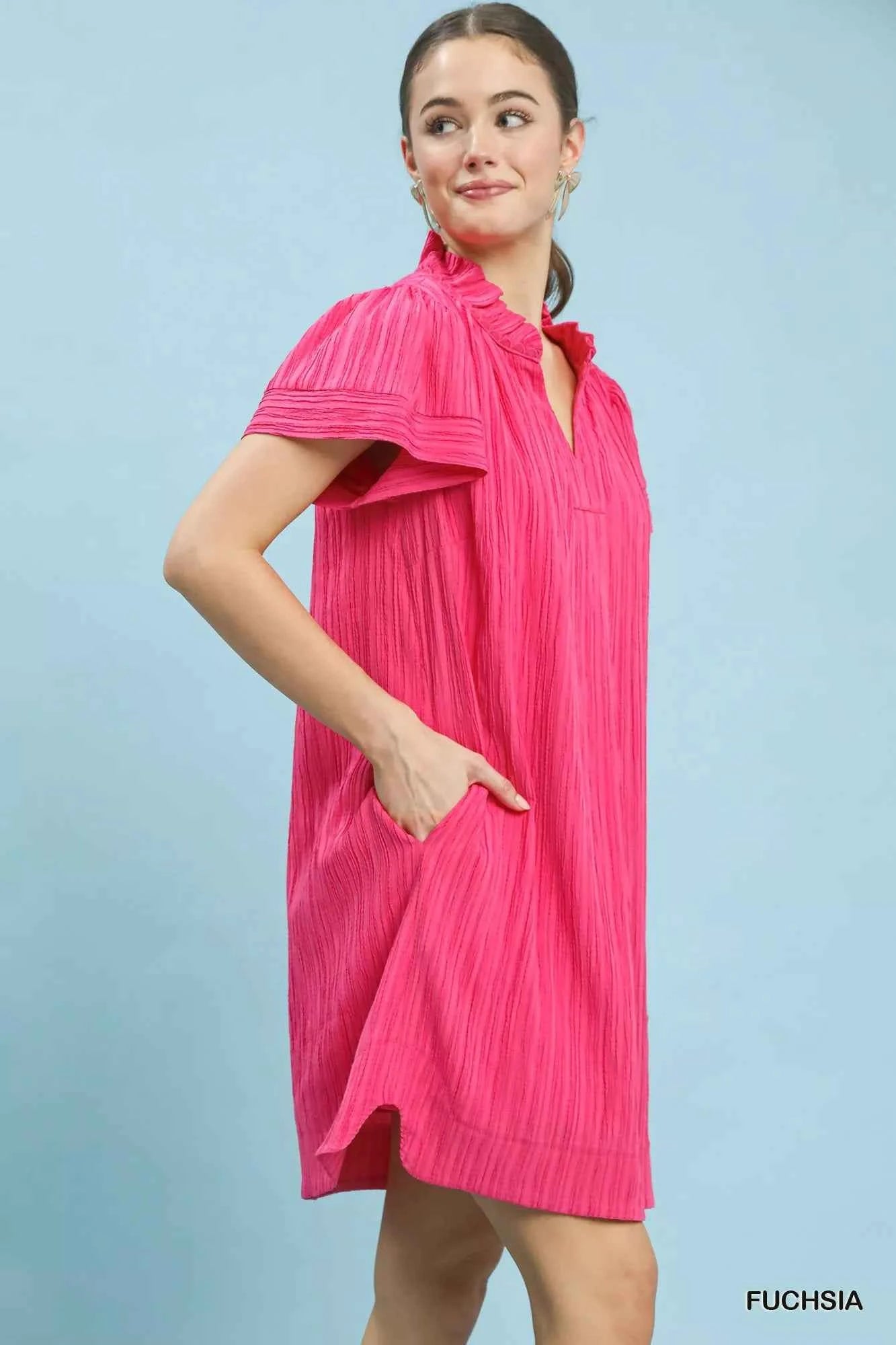 Umgee Flutter Sleeve V-Neck Shift Dress
