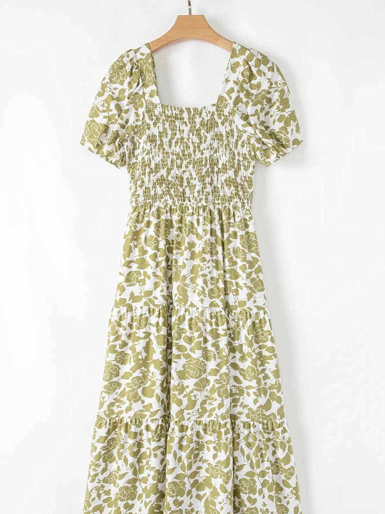 Boho Floral Square Neck Smocked Bust Puff Sleeve Tiered Dress