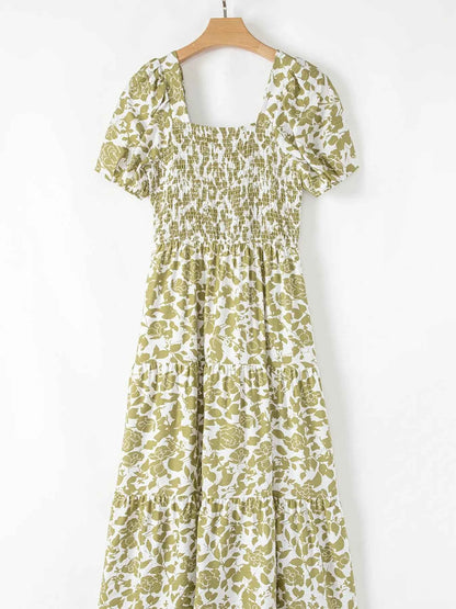 Boho Floral Square Neck Smocked Bust Puff Sleeve Tiered Dress